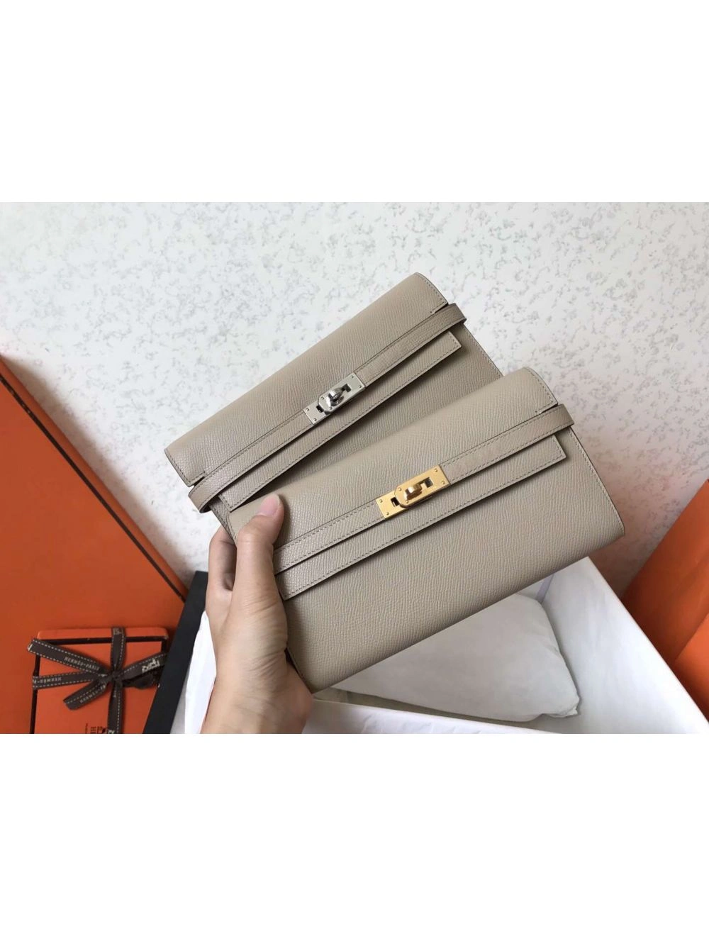 Hermes Kelly Classic Long Wallet In Grey Epsom Leather