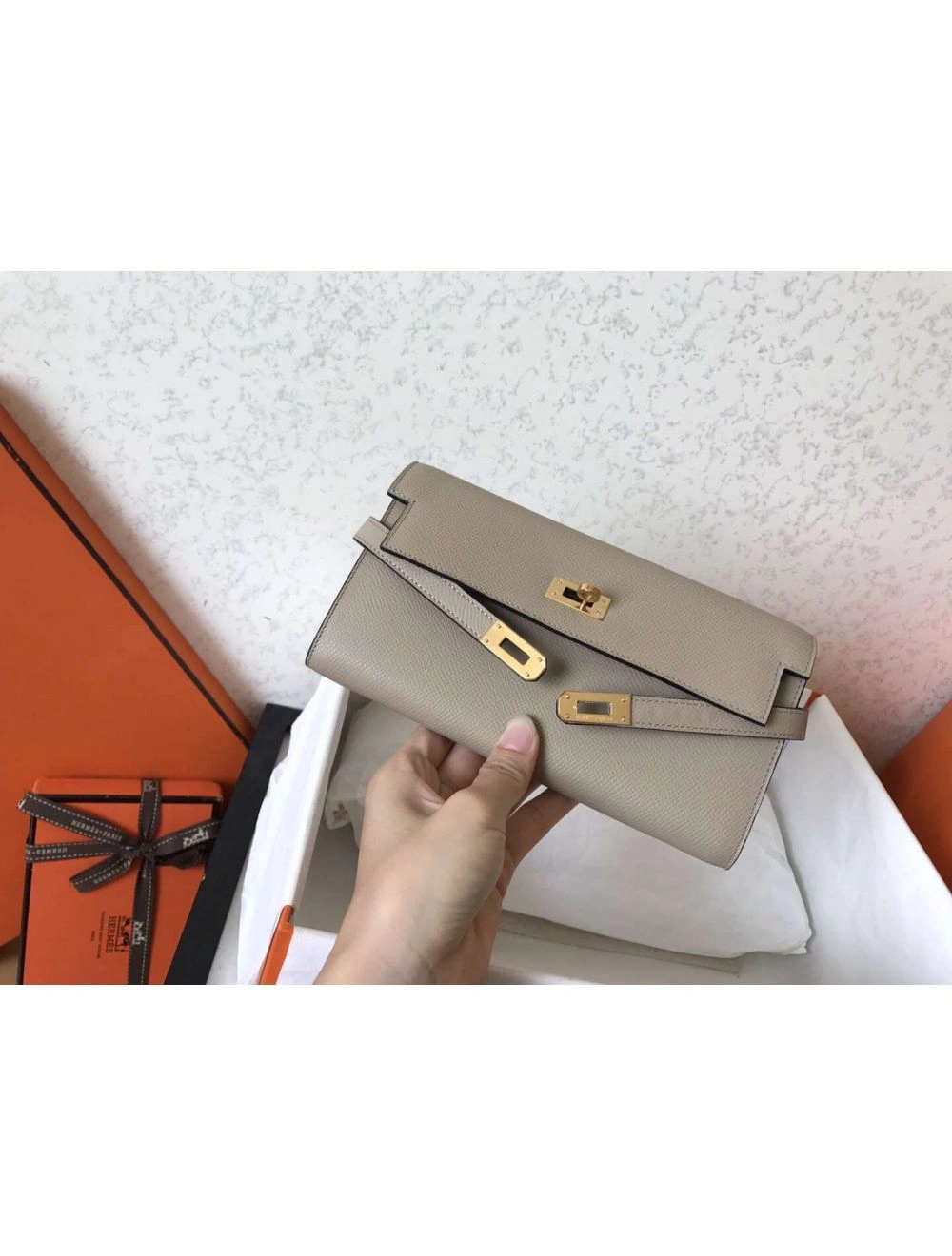 Hermes Kelly Classic Long Wallet In Grey Epsom Leather