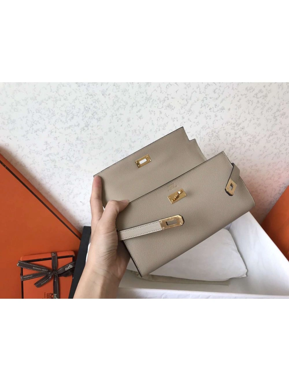 Hermes Kelly Classic Long Wallet In Grey Epsom Leather