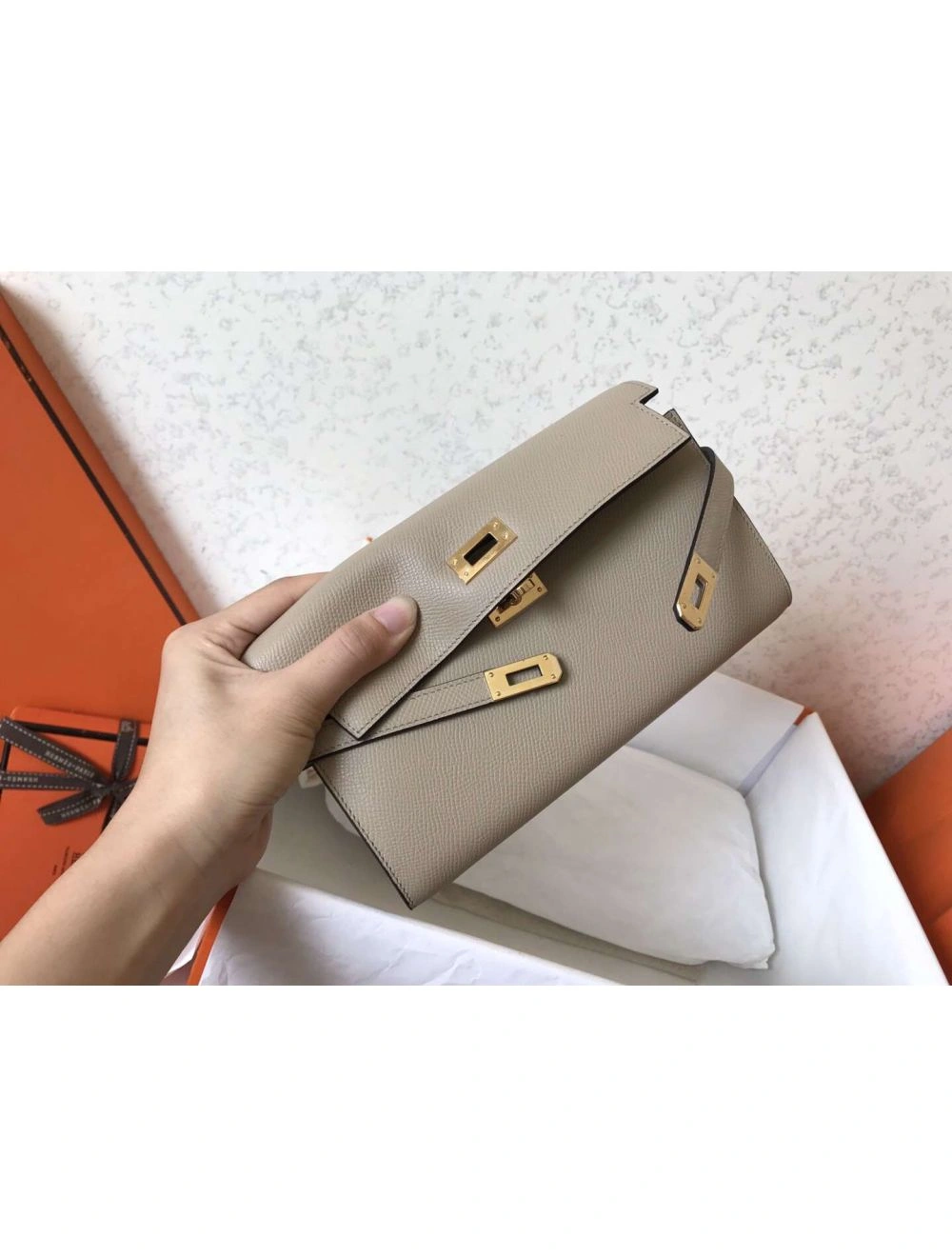 Hermes Kelly Classic Long Wallet In Grey Epsom Leather