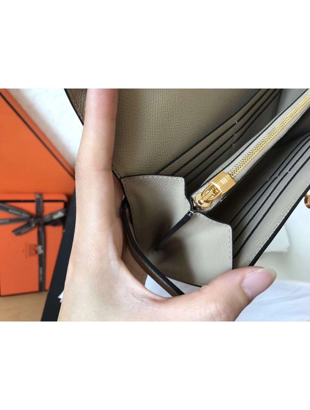 Hermes Kelly Classic Long Wallet In Grey Epsom Leather