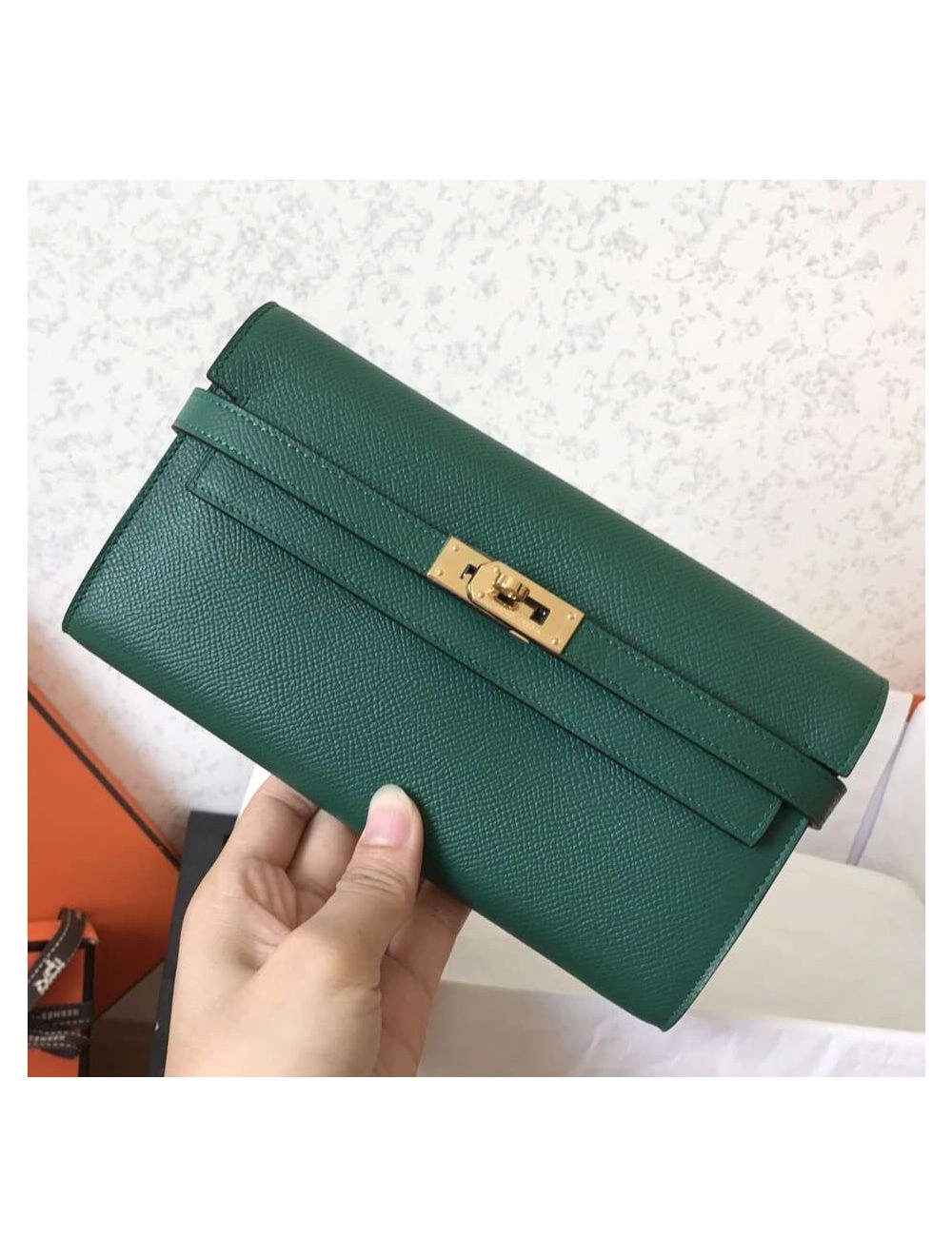 Hermes Kelly Classic Long Wallet In Malachite Epsom Leather