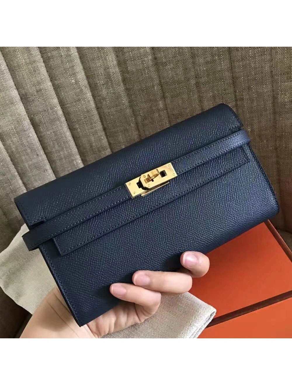 Hermes Kelly Classic Long Wallet In Navy Epsom Leather