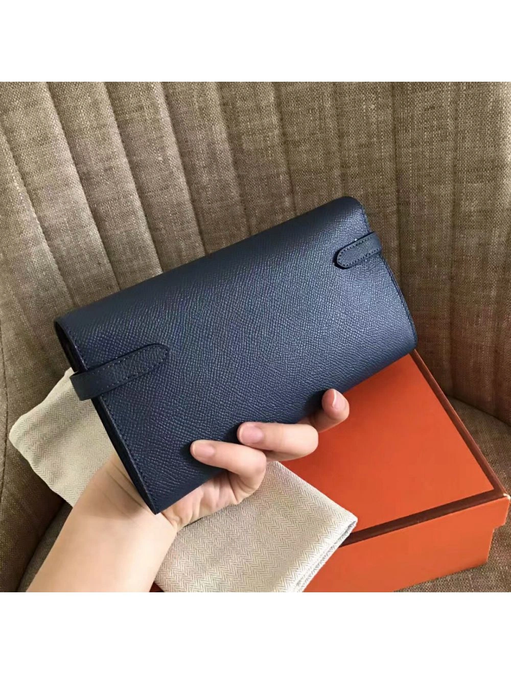 Hermes Kelly Classic Long Wallet In Navy Epsom Leather