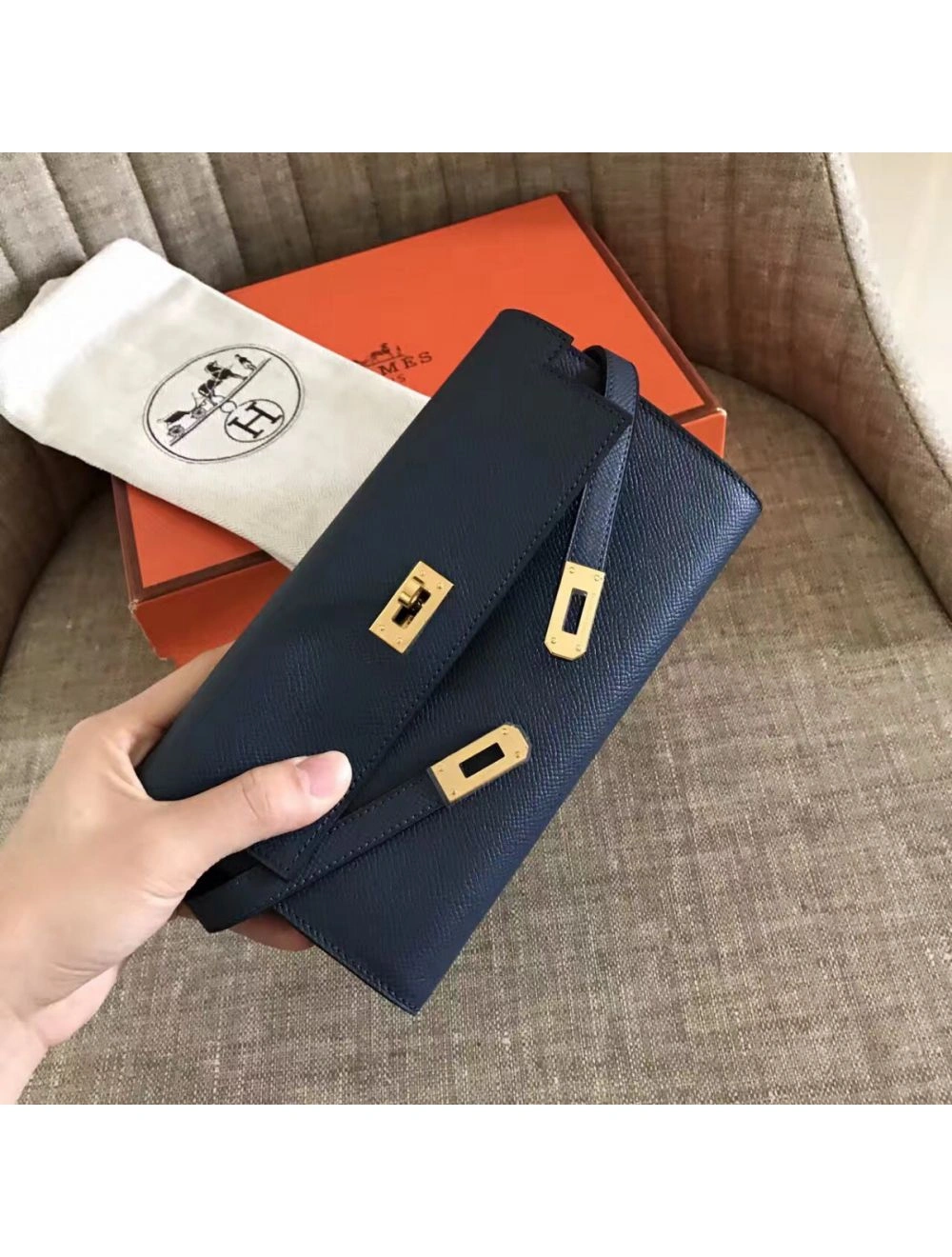 Hermes Kelly Classic Long Wallet In Navy Epsom Leather