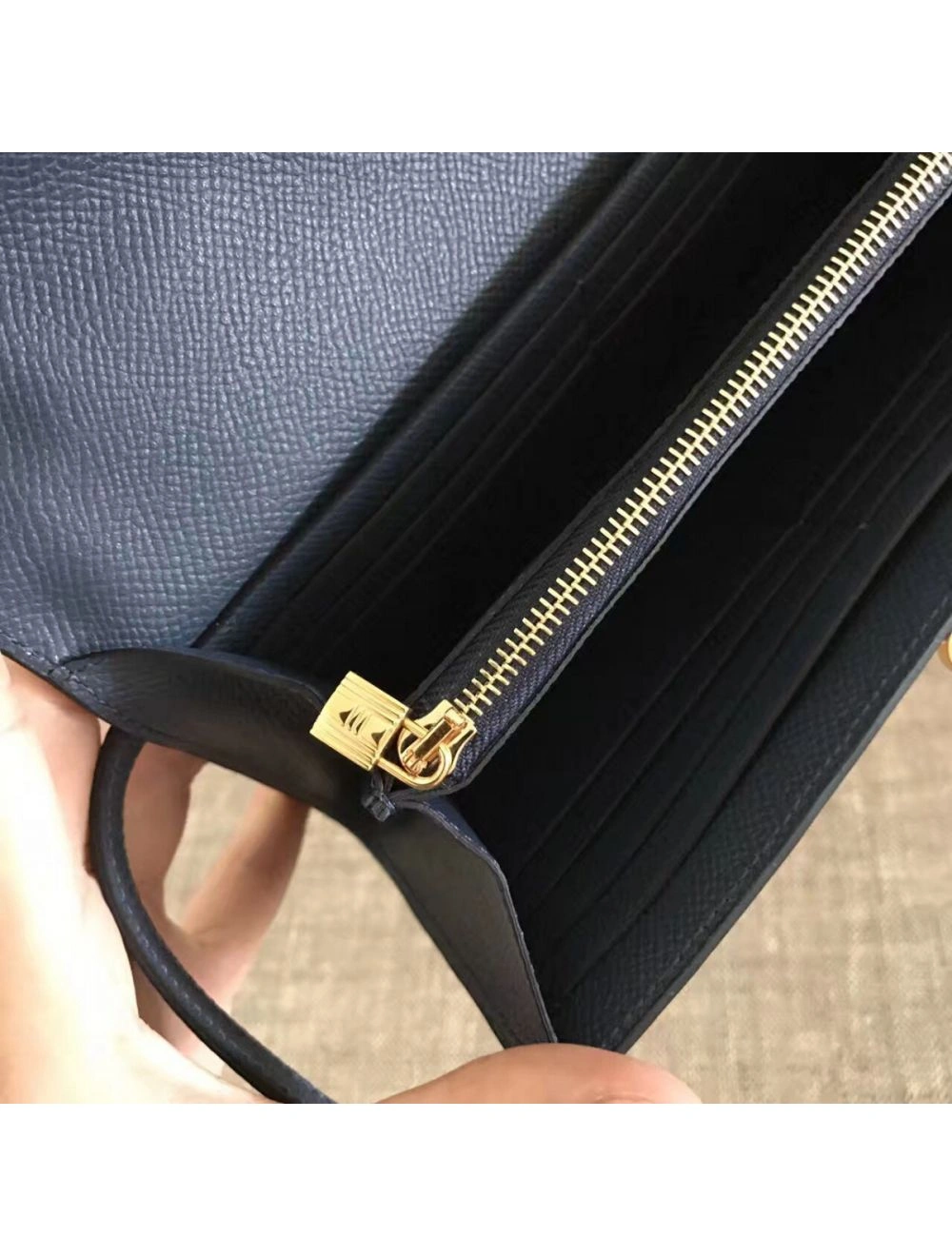 Hermes Kelly Classic Long Wallet In Navy Epsom Leather