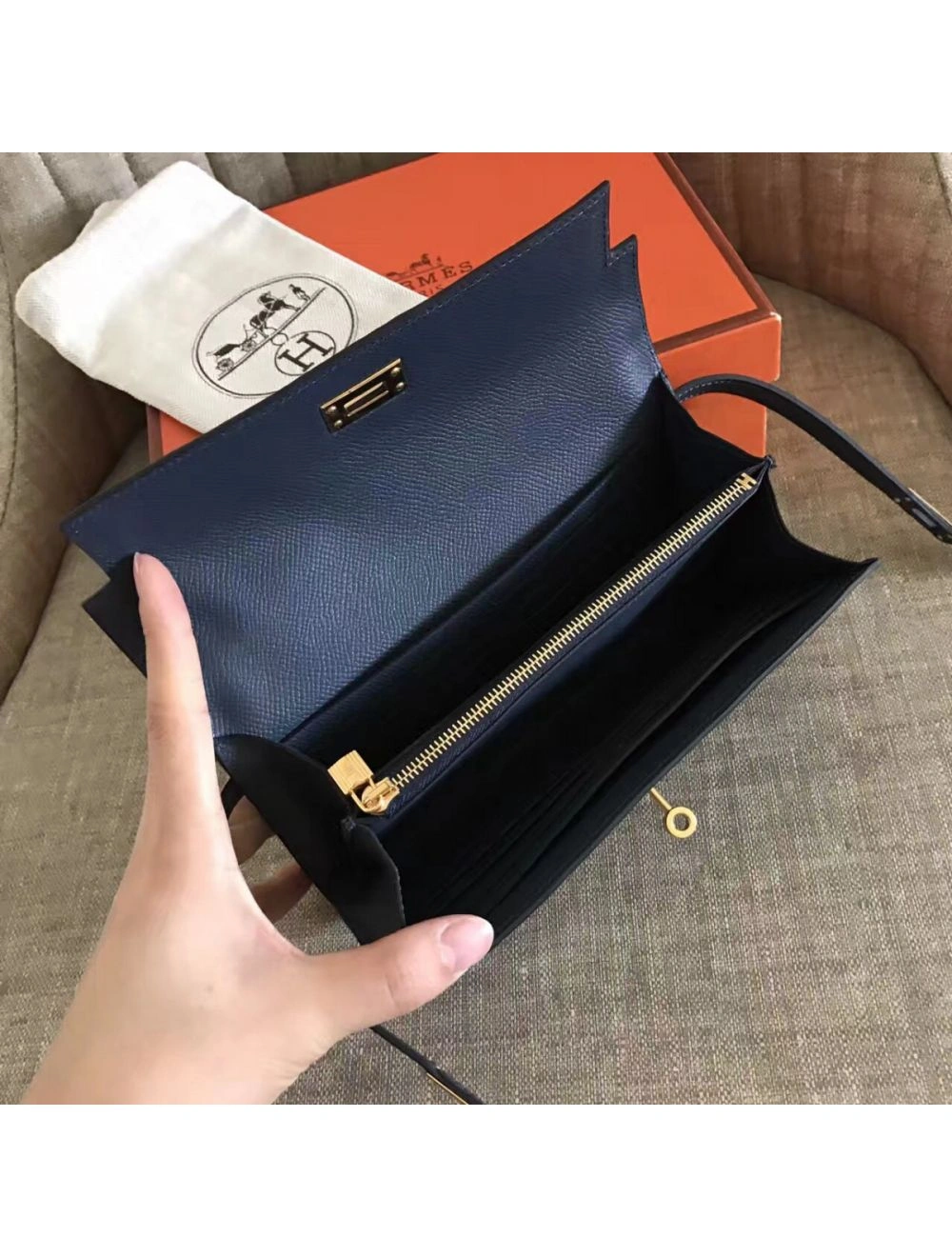 Hermes Kelly Classic Long Wallet In Navy Epsom Leather