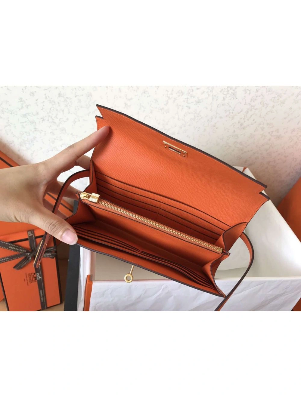 Hermes Kelly Classic Long Wallet In Orange Epsom Leather