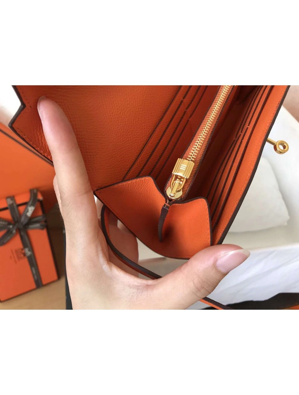 Hermes Kelly Classic Long Wallet In Orange Epsom Leather