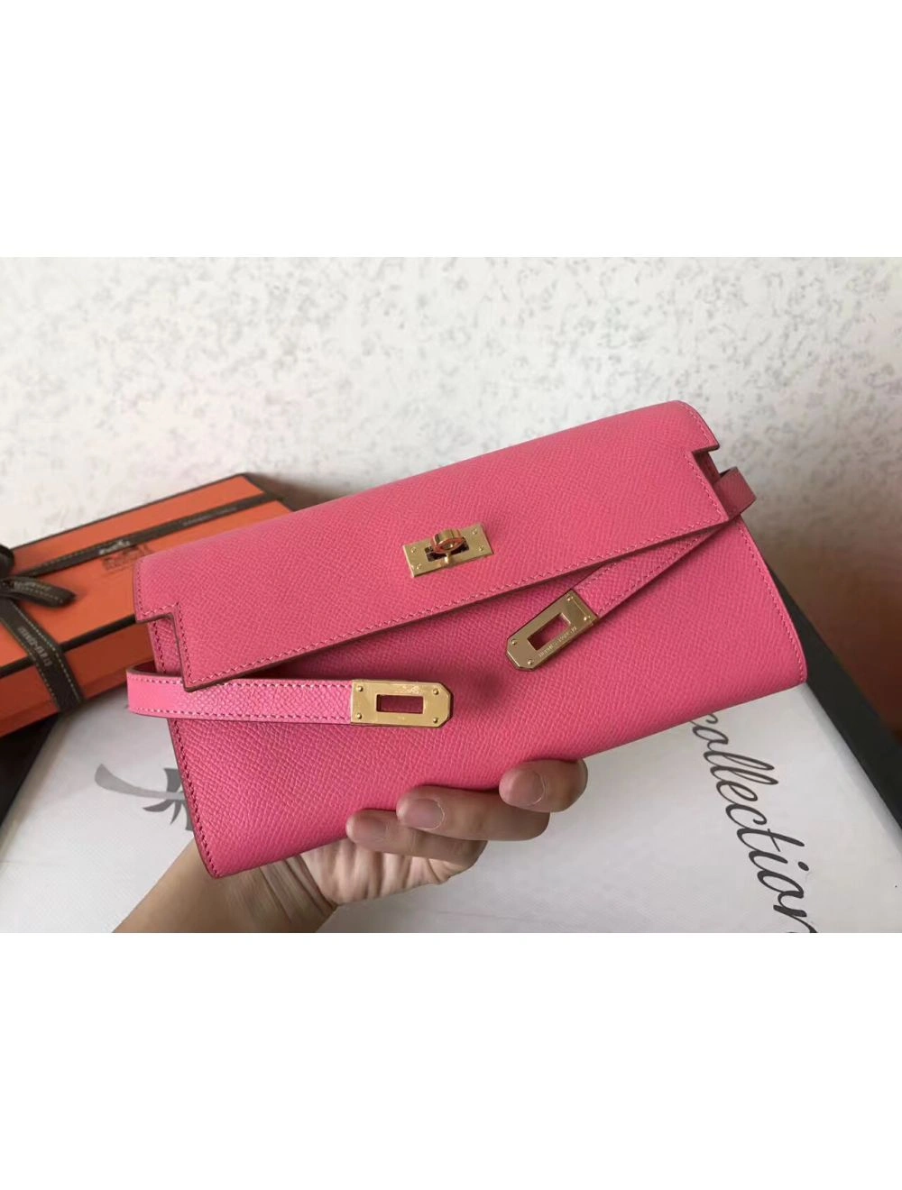 Hermes Kelly Classic Long Wallet In Pink Epsom Leather