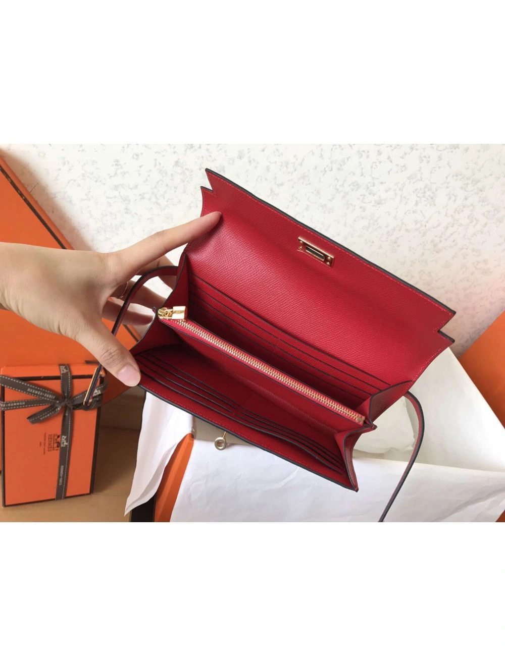 Hermes Kelly Classic Long Wallet In Red Epsom Leather