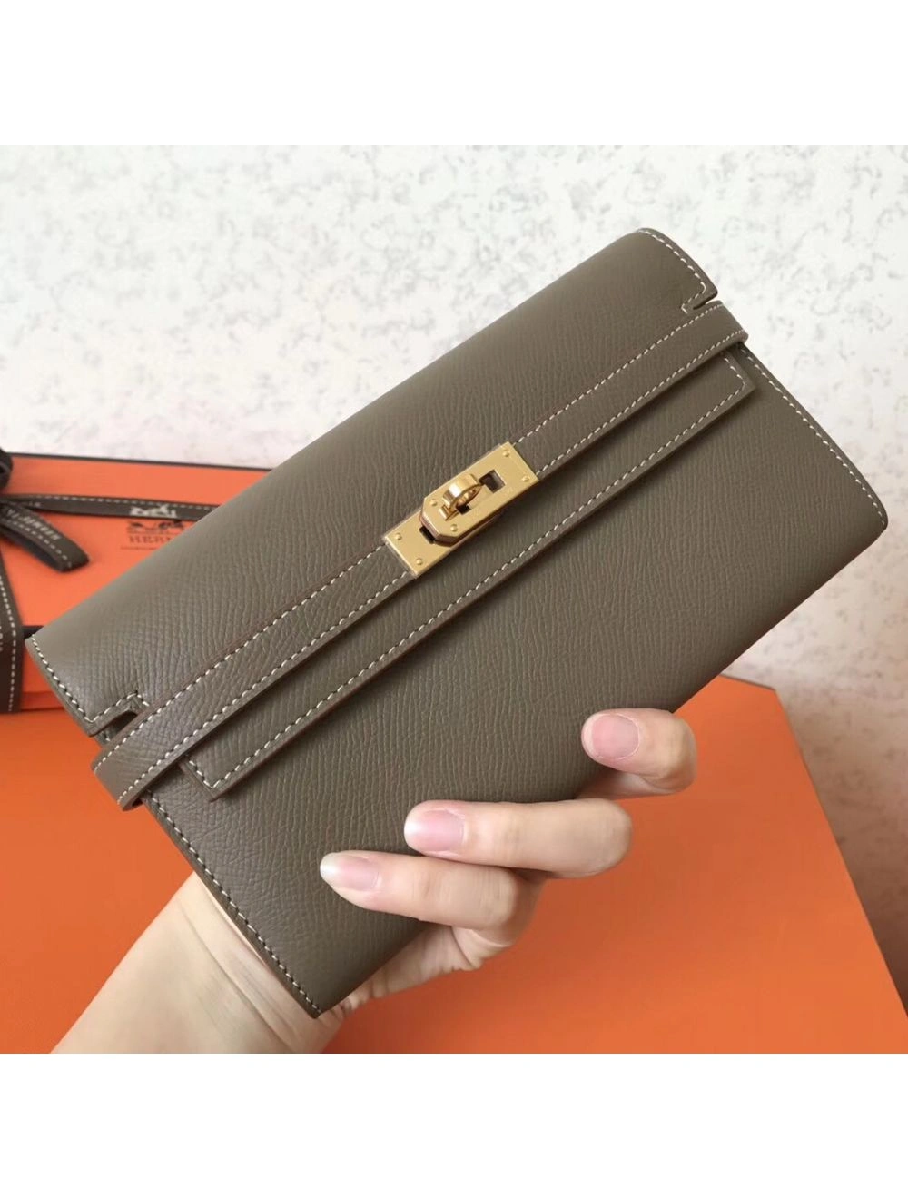 Hermes Kelly Classic Long Wallet In Taupe Epsom Leather