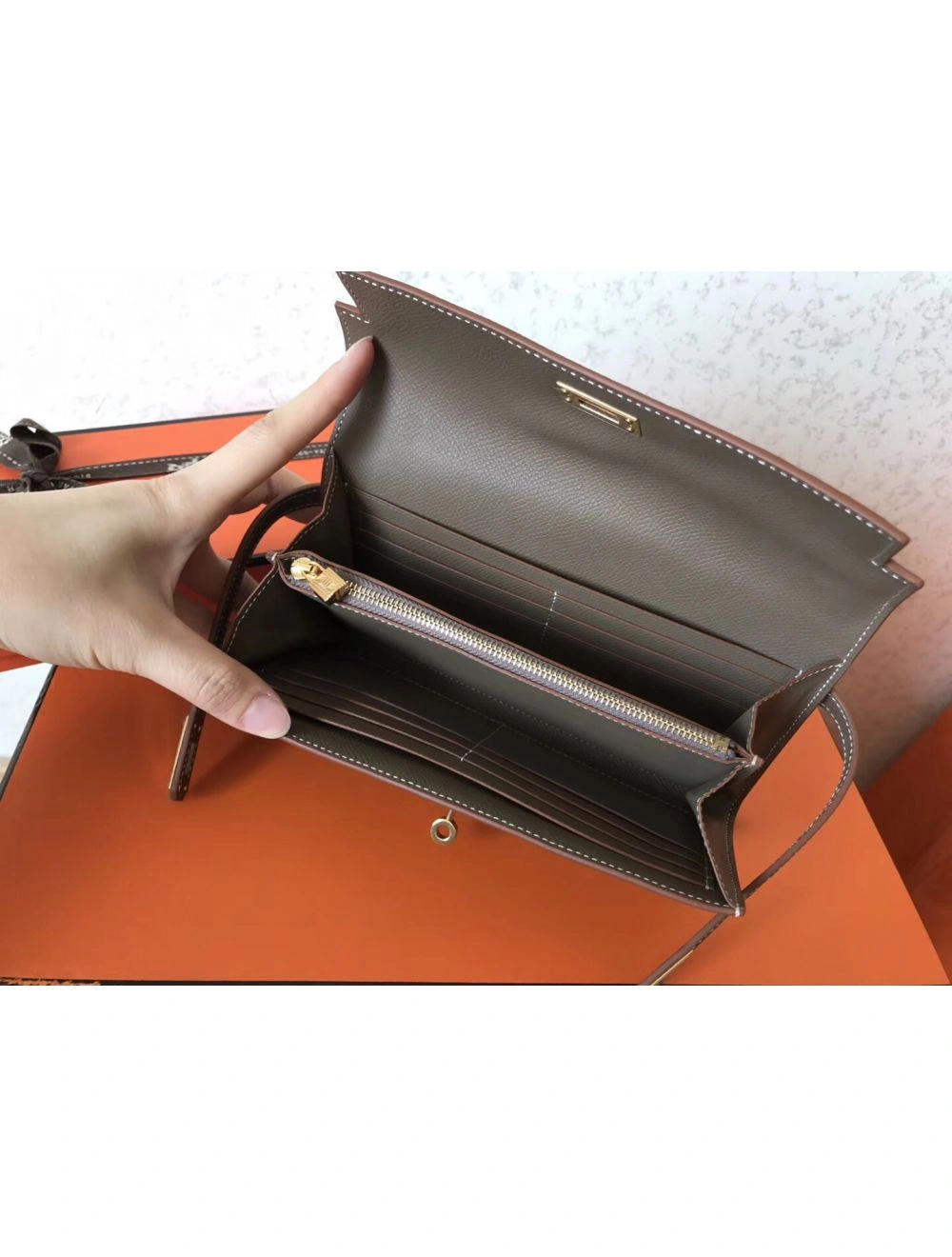 Hermes Kelly Classic Long Wallet In Taupe Epsom Leather