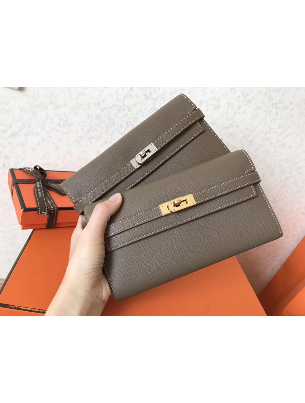Hermes Kelly Classic Long Wallet In Taupe Epsom Leather