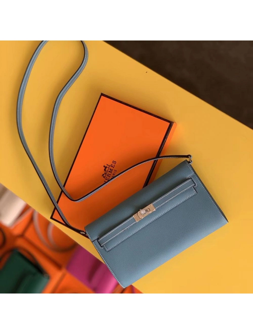 Hermes Kelly Classique To Go Wallet In Blue Jean Epsom Calfskin