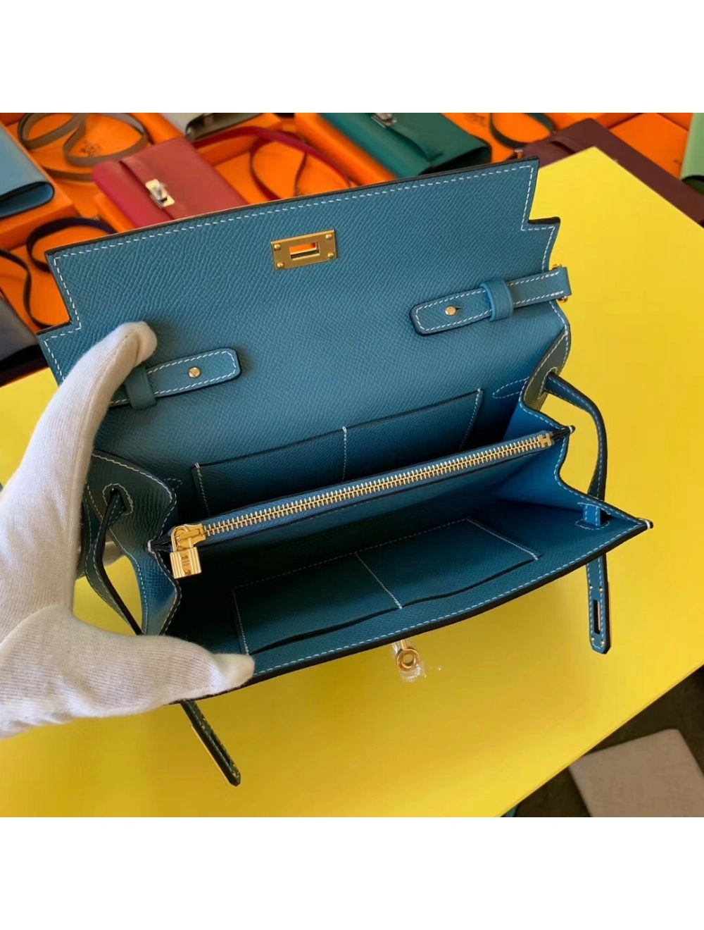 Hermes Kelly Classique To Go Wallet In Blue Jean Epsom Calfskin