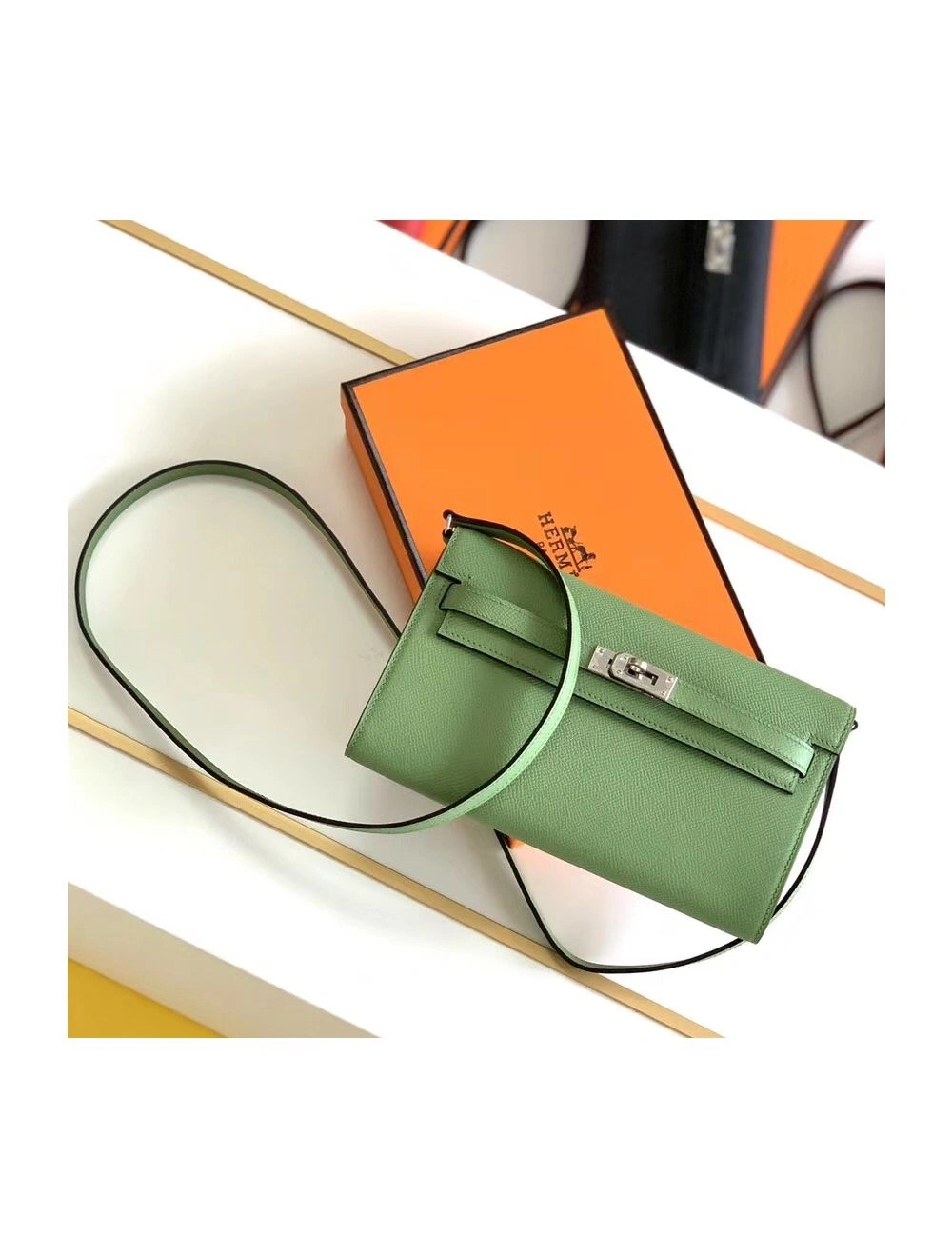 Hermes Kelly Classique To Go Wallet In Vert Criquet Epsom Calfskin