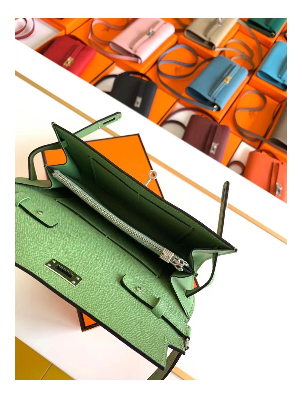 Hermes Kelly Classique To Go Wallet In Vert Criquet Epsom Calfskin