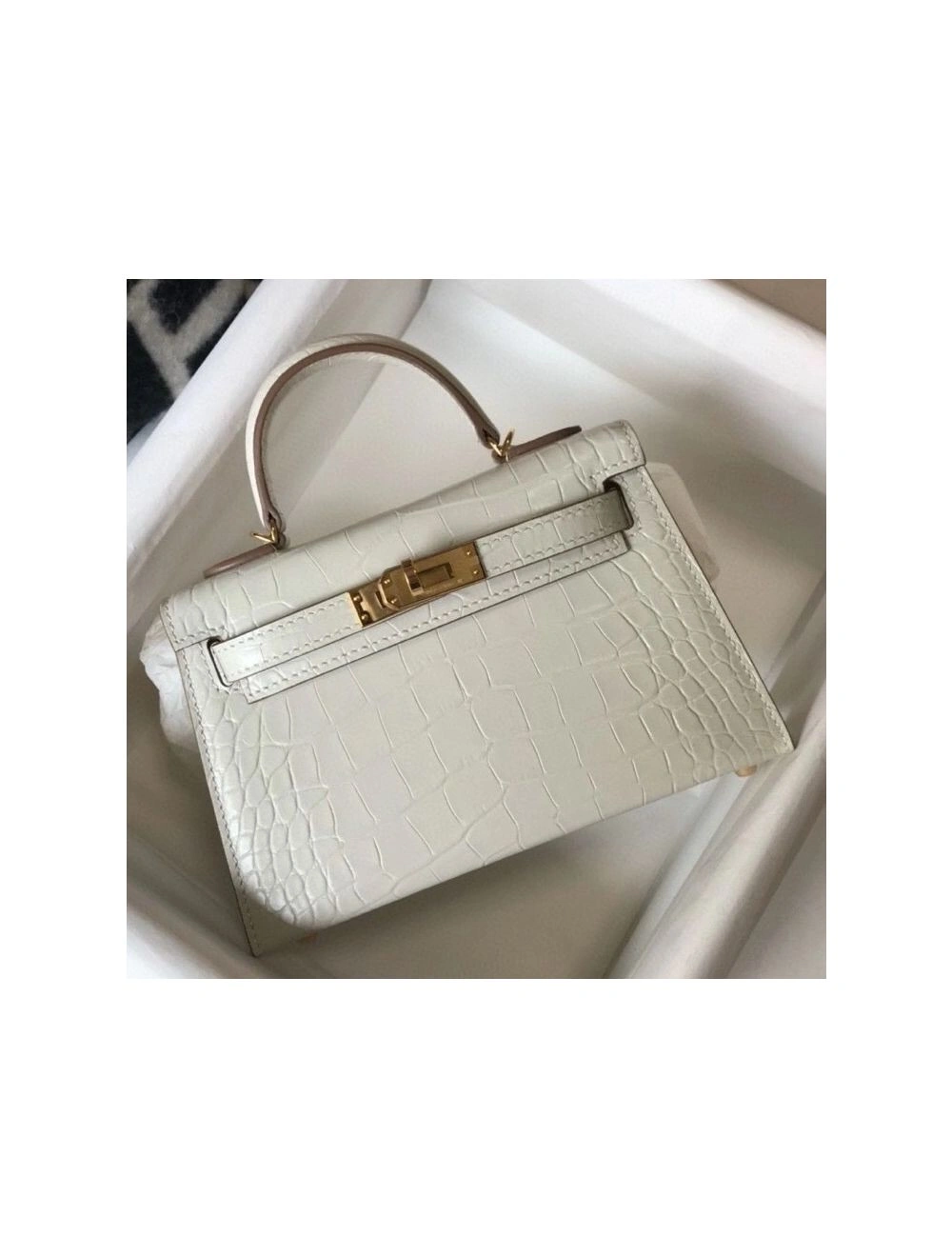 Hermes Kelly Mini II Bag In Beton Embossed Crocodile Leather