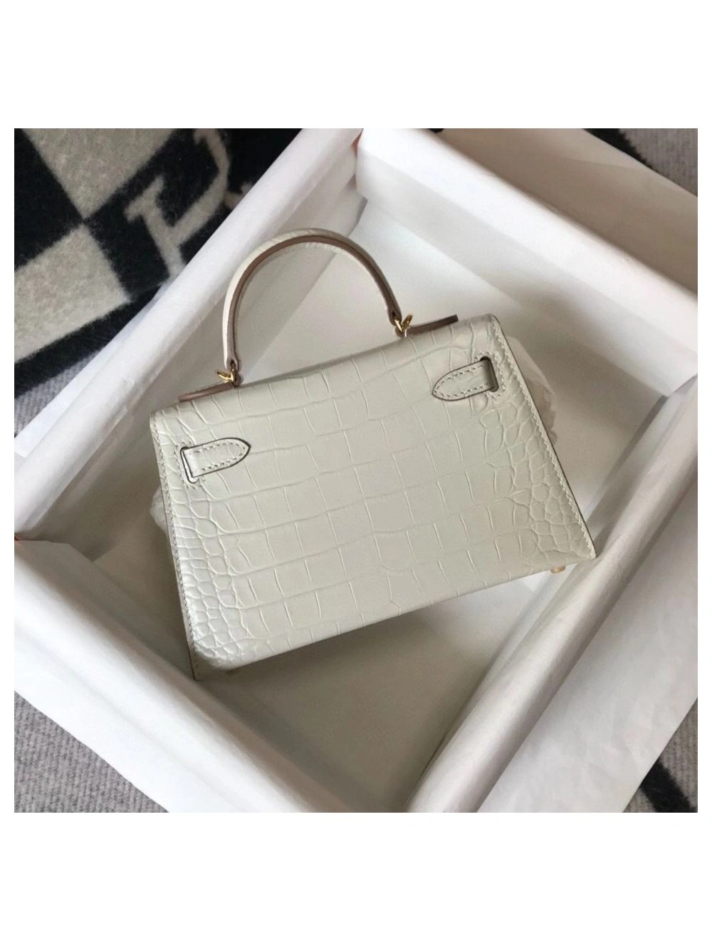 Hermes Kelly Mini II Bag In Beton Embossed Crocodile Leather