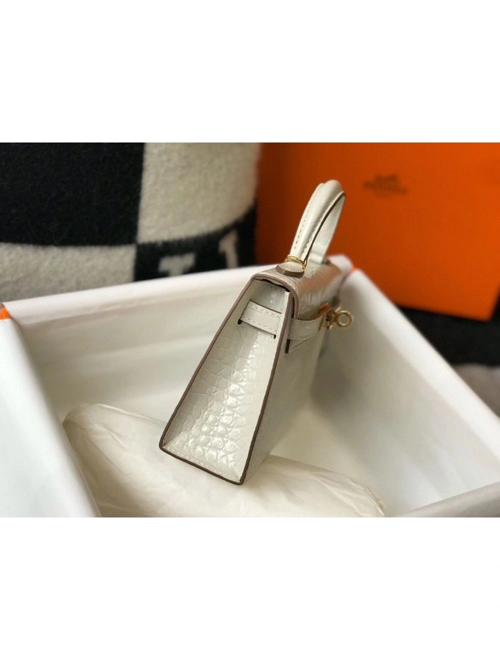 Hermes Kelly Mini II Bag In Beton Embossed Crocodile Leather