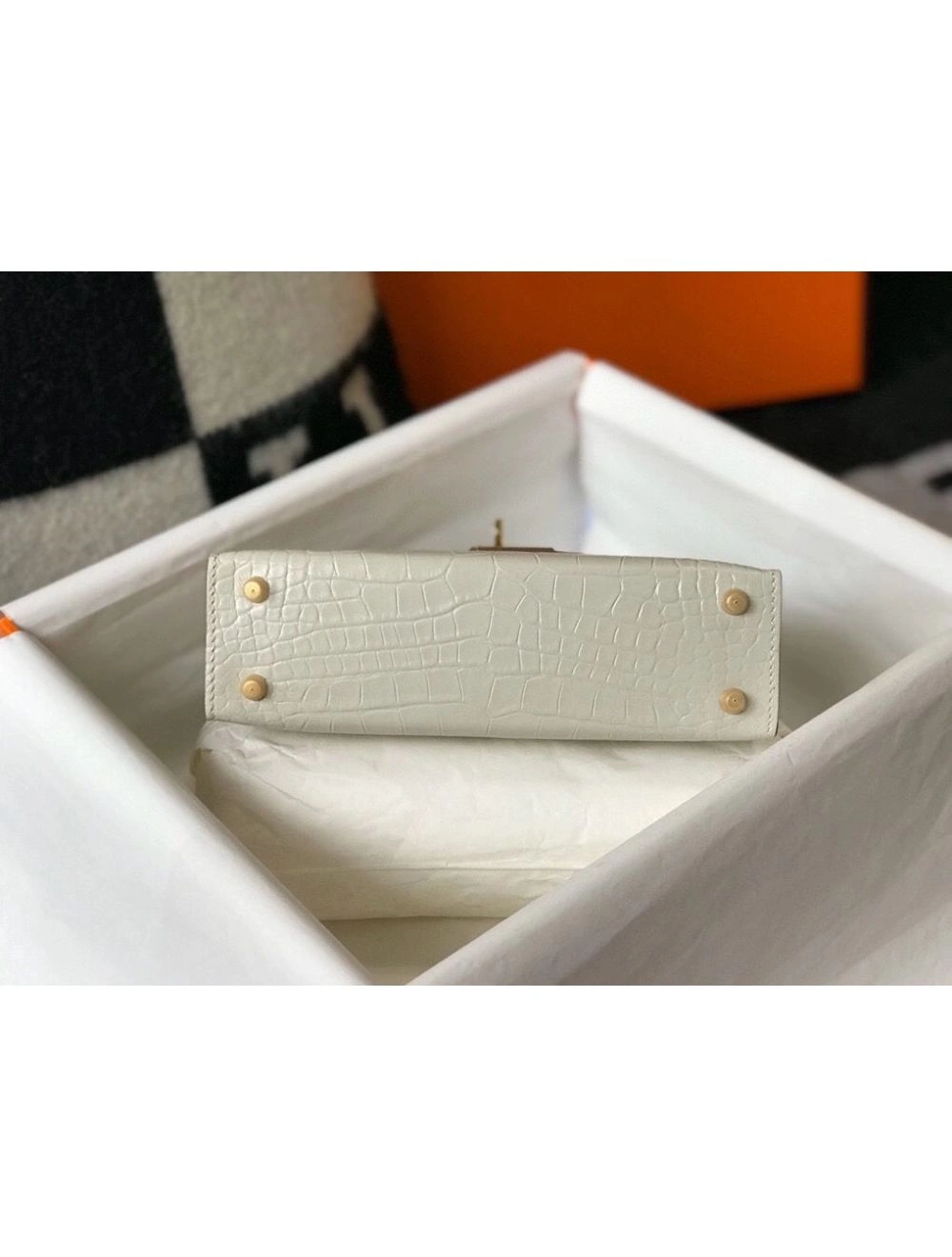 Hermes Kelly Mini II Bag In Beton Embossed Crocodile Leather