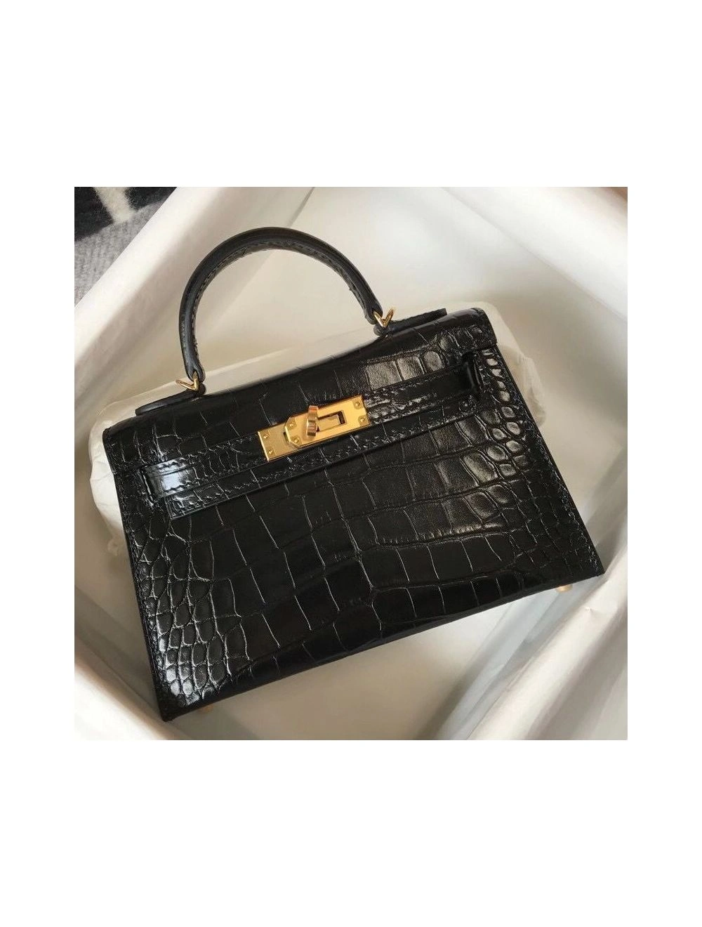 Hermes Kelly Mini II Bag In Black Embossed Crocodile Leather