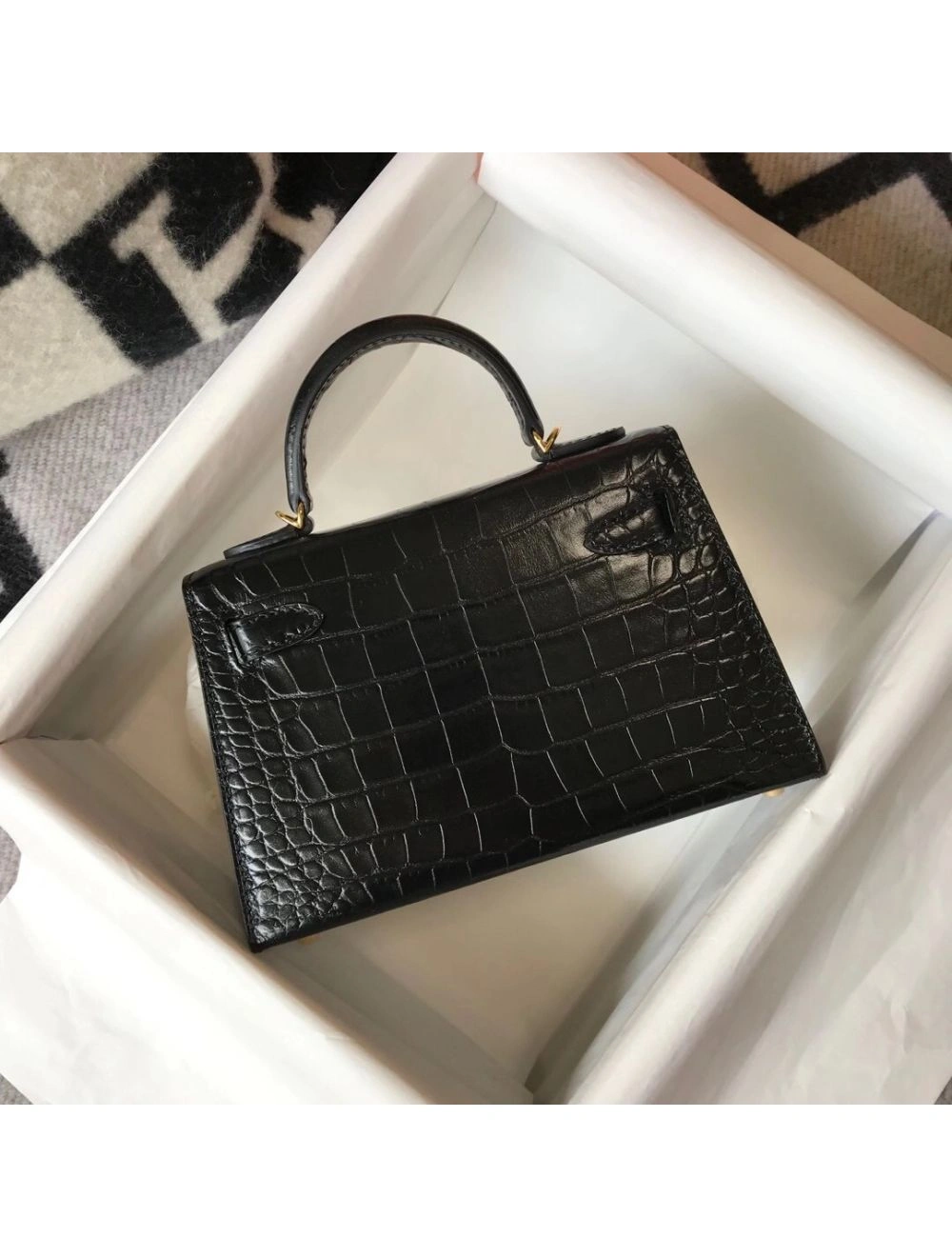 Hermes Kelly Mini II Bag In Black Embossed Crocodile Leather