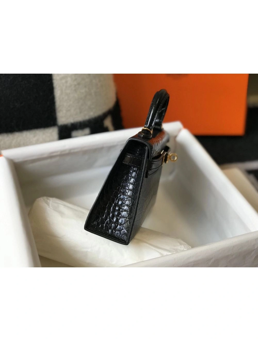 Hermes Kelly Mini II Bag In Black Embossed Crocodile Leather