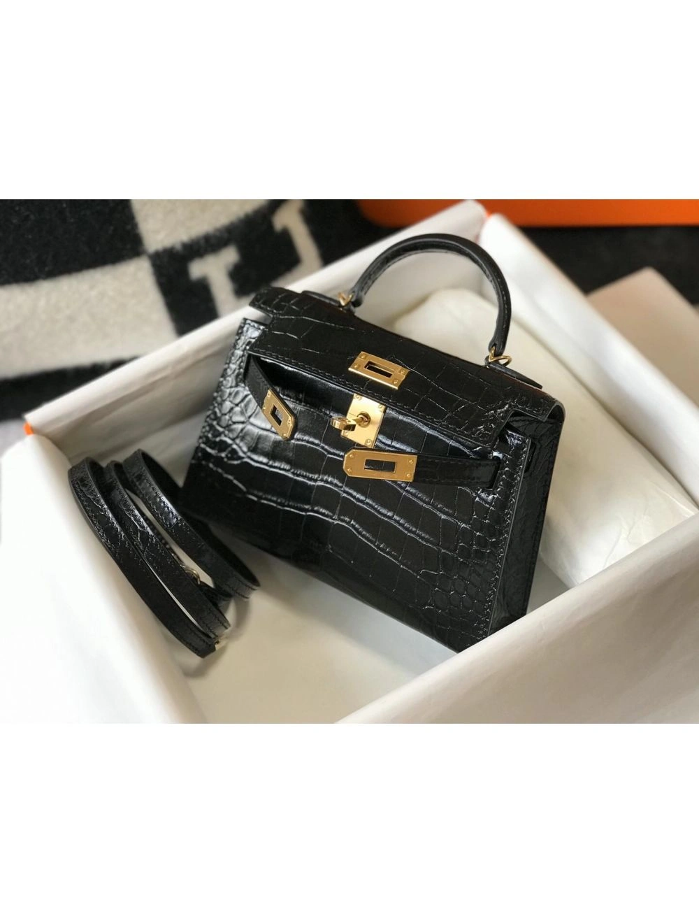 Hermes Kelly Mini II Bag In Black Embossed Crocodile Leather