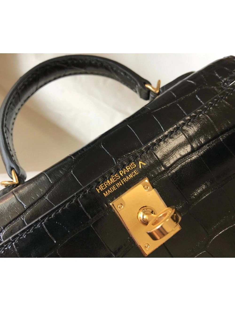 Hermes Kelly Mini II Bag In Black Embossed Crocodile Leather