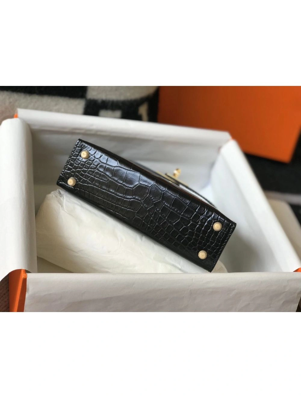 Hermes Kelly Mini II Bag In Black Embossed Crocodile Leather
