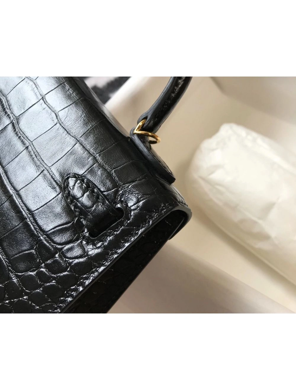 Hermes Kelly Mini II Bag In Black Embossed Crocodile Leather