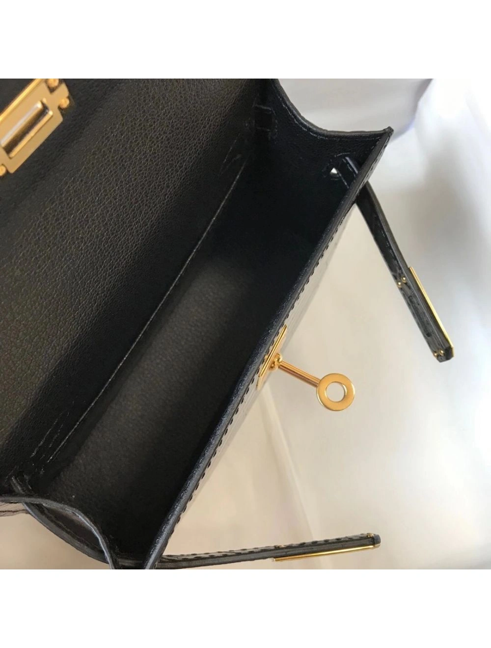 Hermes Kelly Mini II Bag In Black Embossed Crocodile Leather