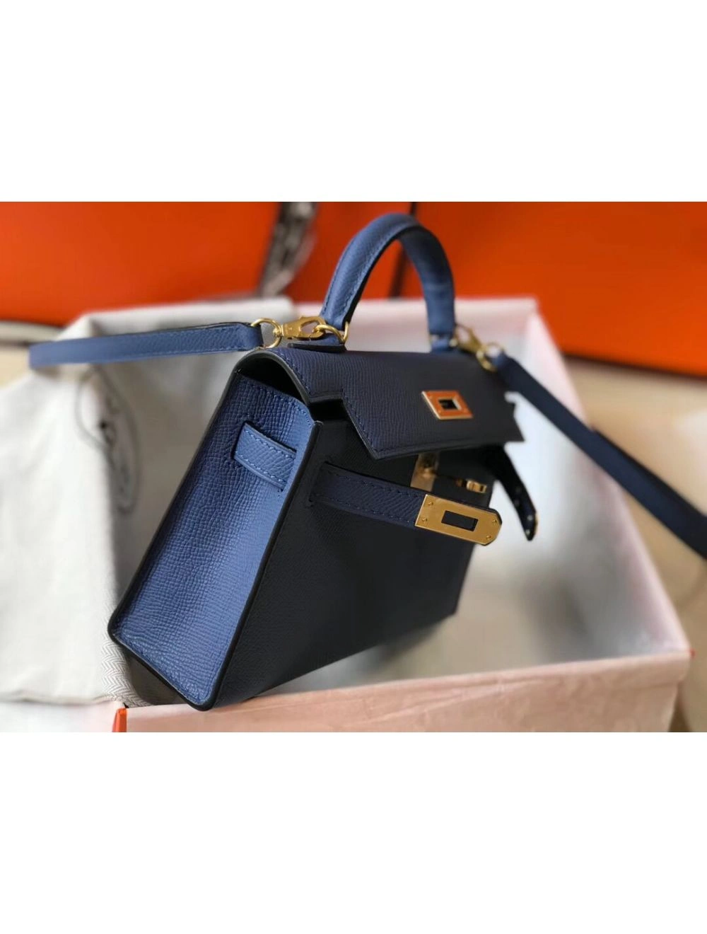 Hermes Kelly Mini II Bag In Blue Agate Epsom Leather GHW