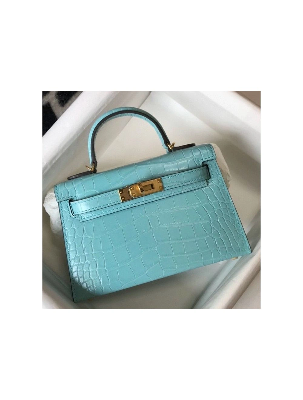 Hermes Kelly Mini II Bag In Blue Atoll Embossed Crocodile Leather