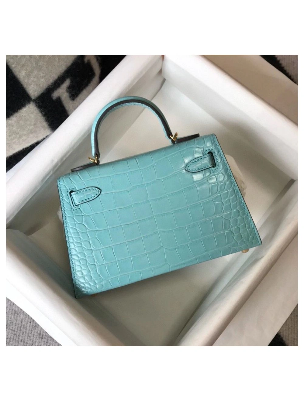 Hermes Kelly Mini II Bag In Blue Atoll Embossed Crocodile Leather