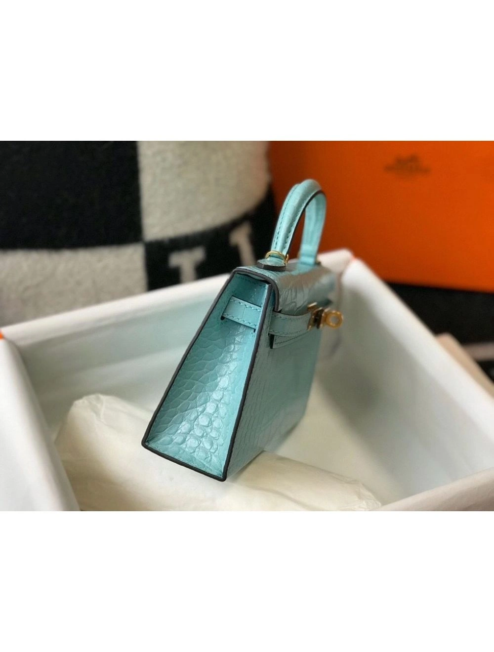 Hermes Kelly Mini II Bag In Blue Atoll Embossed Crocodile Leather