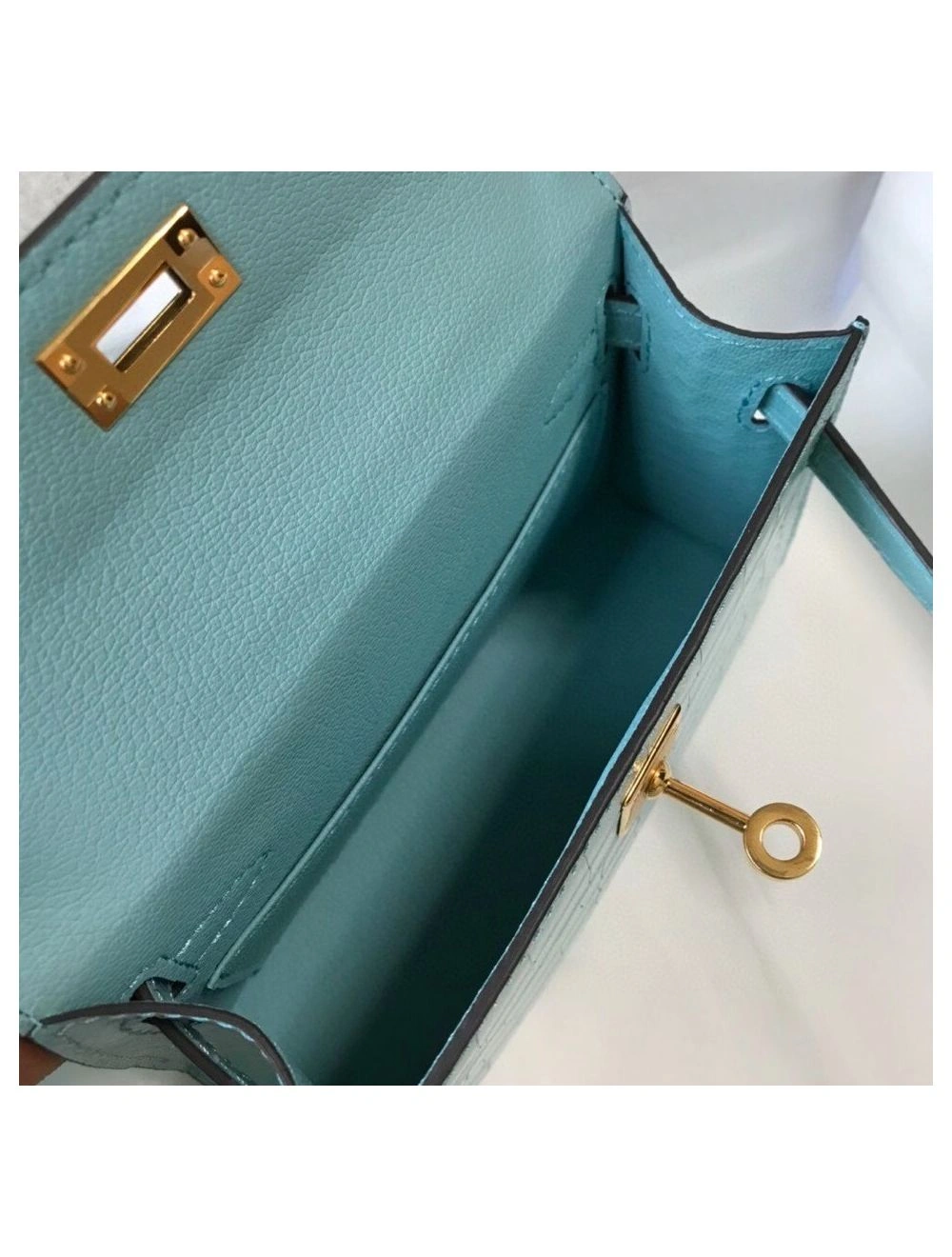 Hermes Kelly Mini II Bag In Blue Atoll Embossed Crocodile Leather