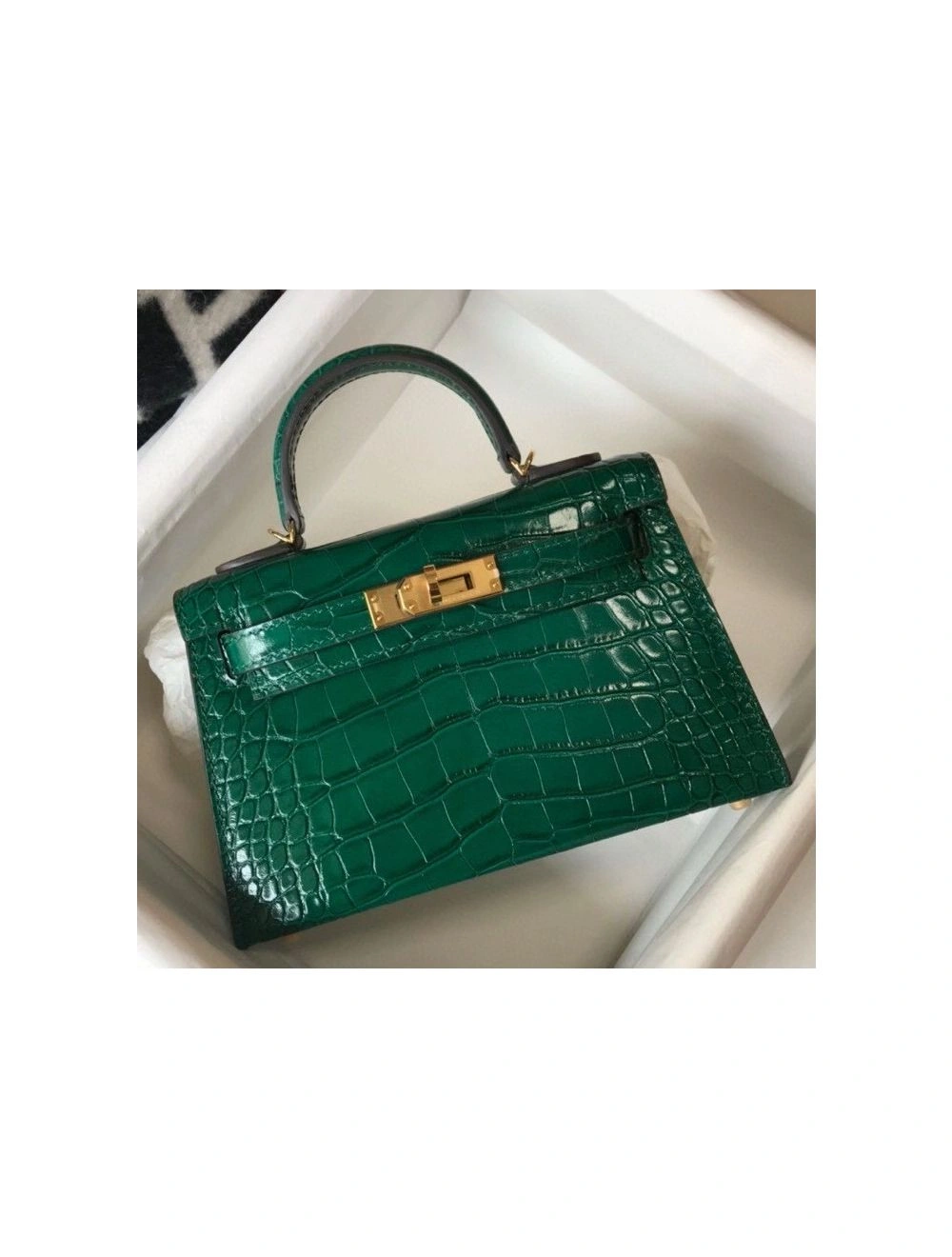 Hermes Kelly Mini II Bag In Green Embossed Crocodile Leather