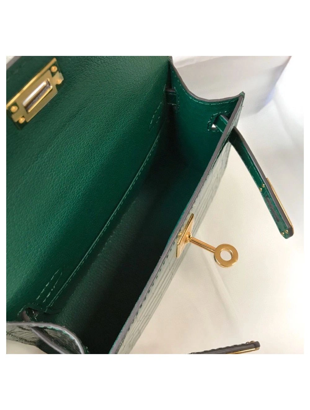 Hermes Kelly Mini II Bag In Green Embossed Crocodile Leather