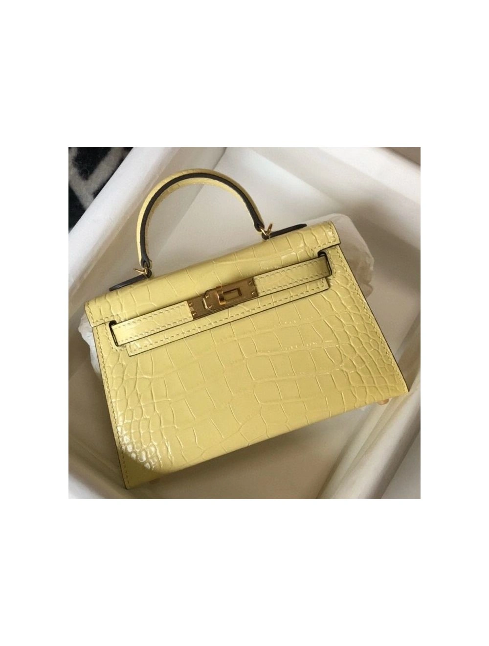 Hermes Kelly Mini II Bag In Jaune Poussin Embossed Crocodile Leather