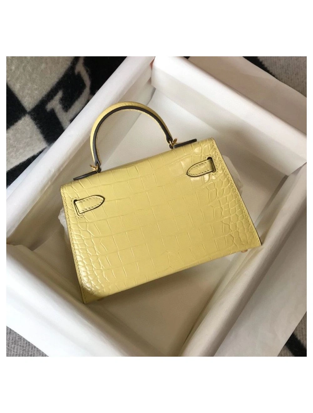 Hermes Kelly Mini II Bag In Jaune Poussin Embossed Crocodile Leather