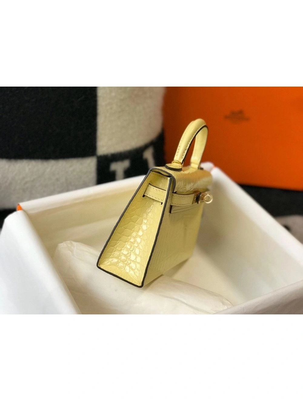 Hermes Kelly Mini II Bag In Jaune Poussin Embossed Crocodile Leather