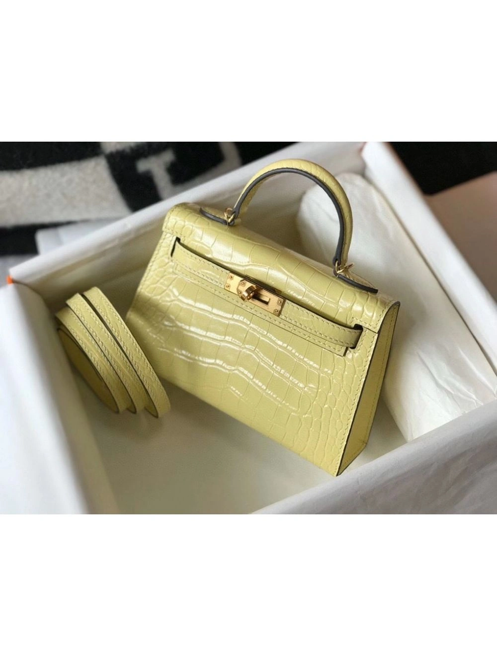 Hermes Kelly Mini II Bag In Jaune Poussin Embossed Crocodile Leather