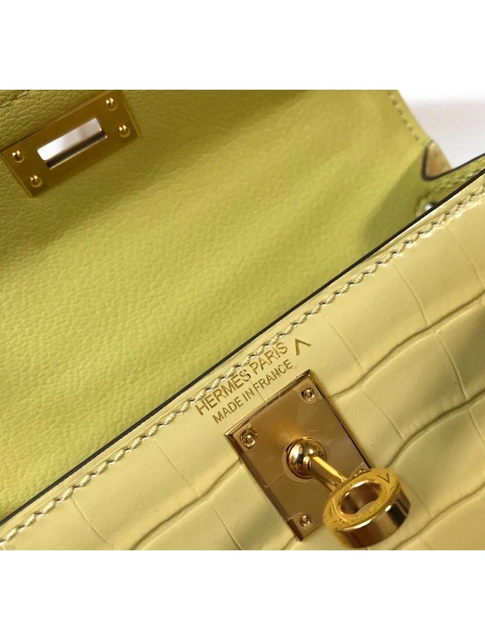Hermes Kelly Mini II Bag In Jaune Poussin Embossed Crocodile Leather