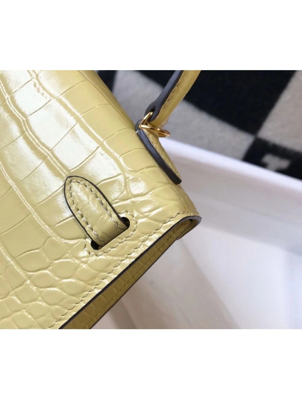 Hermes Kelly Mini II Bag In Jaune Poussin Embossed Crocodile Leather
