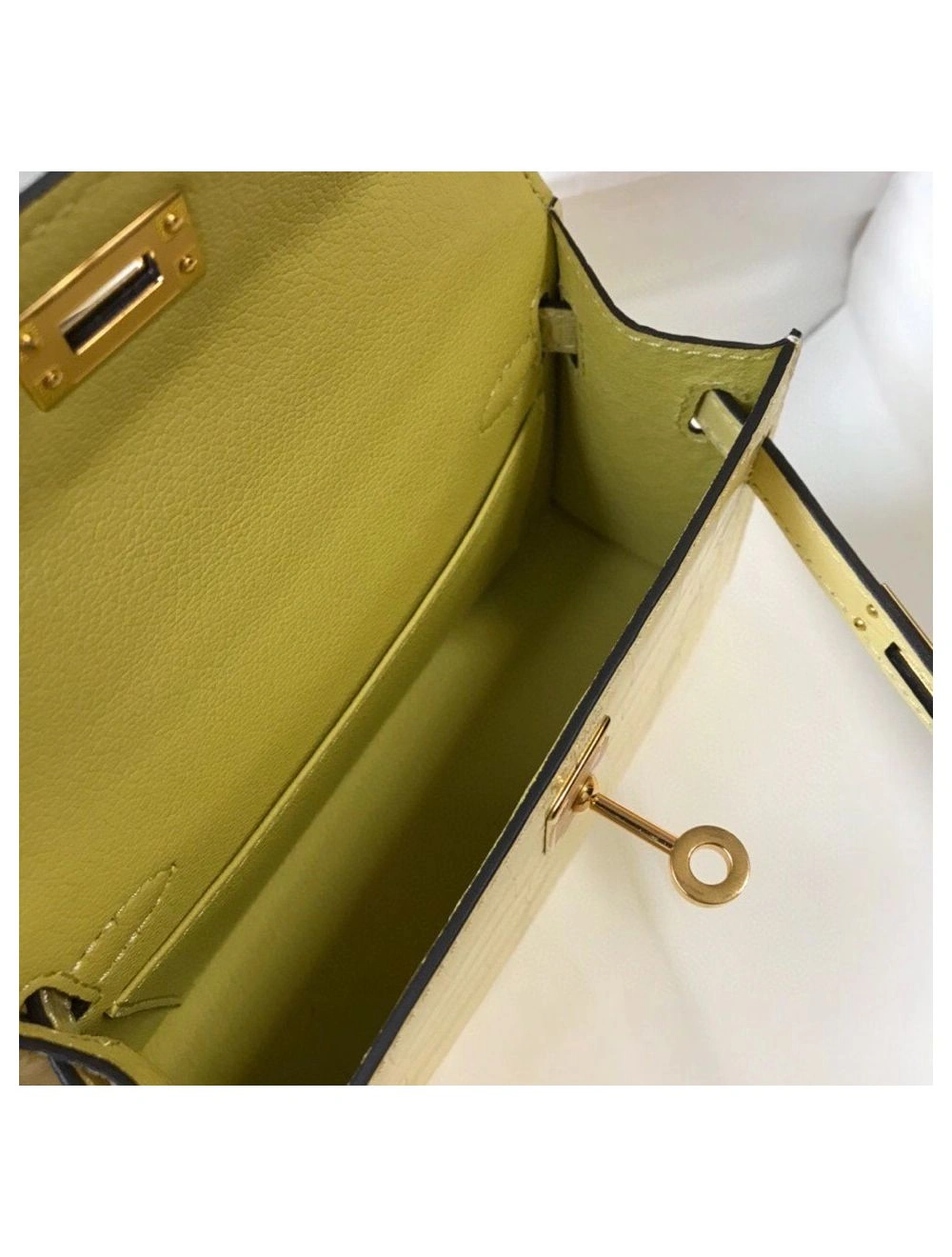 Hermes Kelly Mini II Bag In Jaune Poussin Embossed Crocodile Leather
