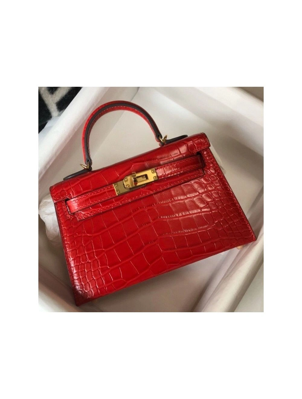 Hermes Kelly Mini II Bag In Red Embossed Crocodile Leather