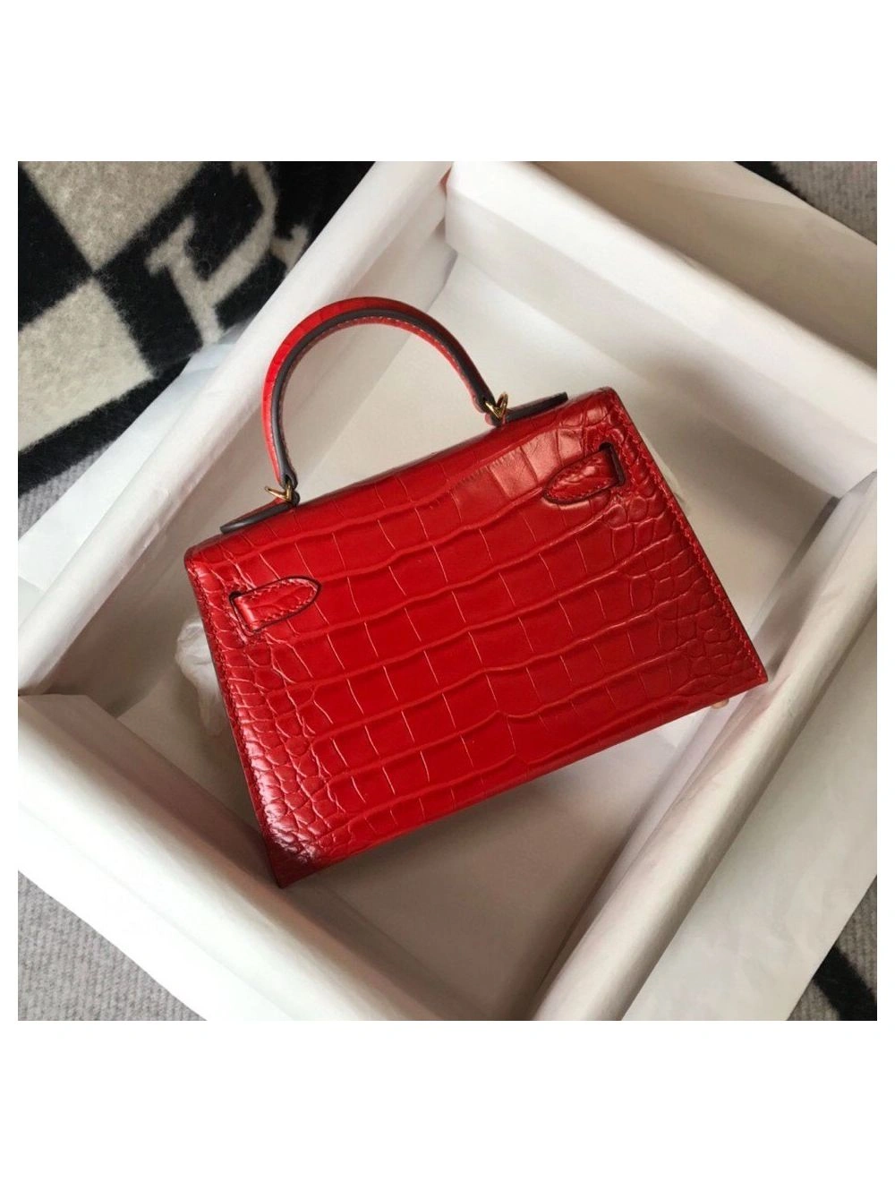 Hermes Kelly Mini II Bag In Red Embossed Crocodile Leather